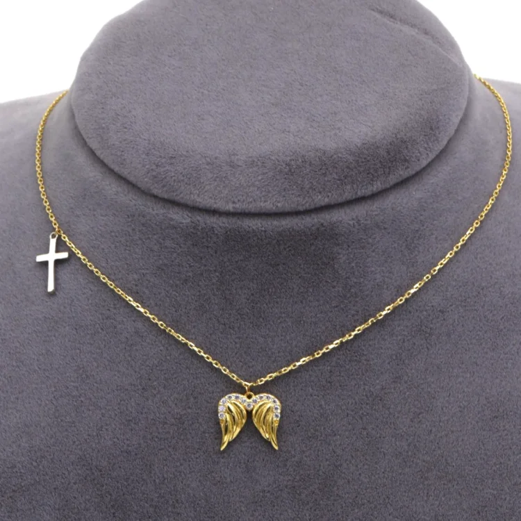 Women’s pearl choker necklaces-Real Gold 2 Color Cross Wings Angel Necklace 0016 N1350