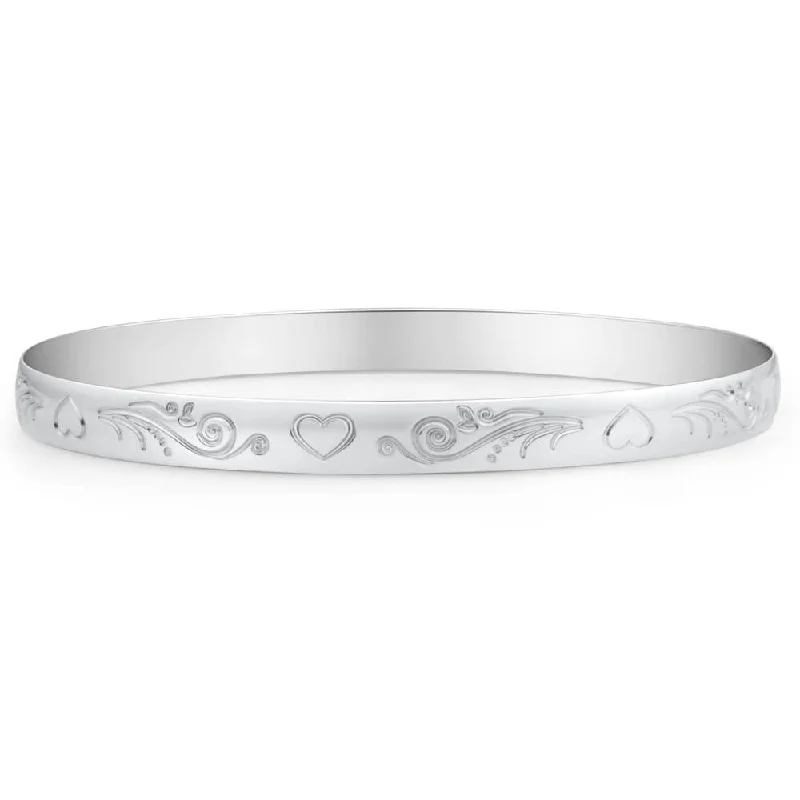 Women’s diamond bangles-Sterling Silver Heart Engraved 65mm Bangle