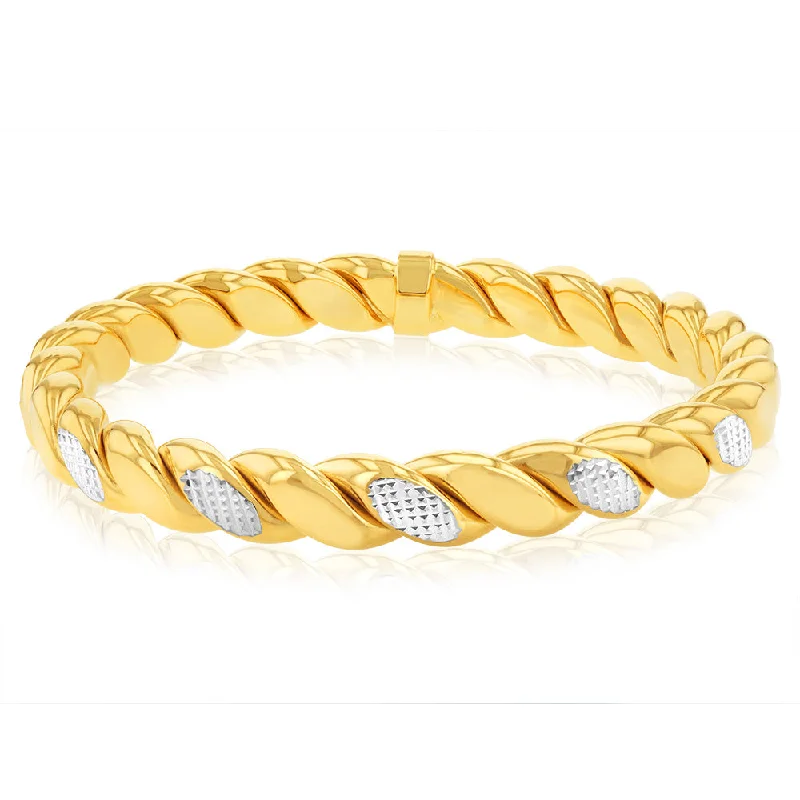 Women’s engraved gold bracelets-9ct Yellow Gold Silverfilled Fancy Diamond Cut Twisted Bangle