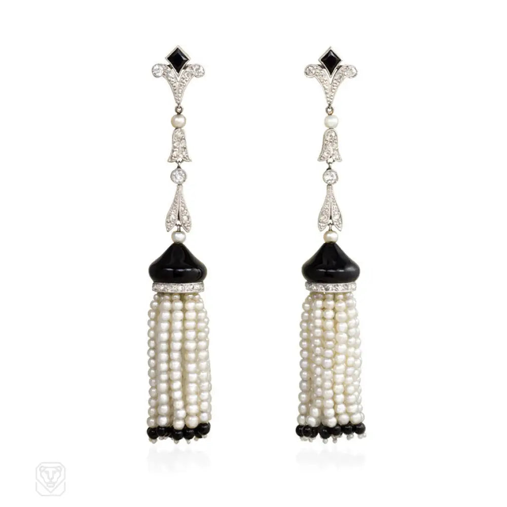 Women’s emerald earrings-Art Deco onyx and pearl tassel earrings, France