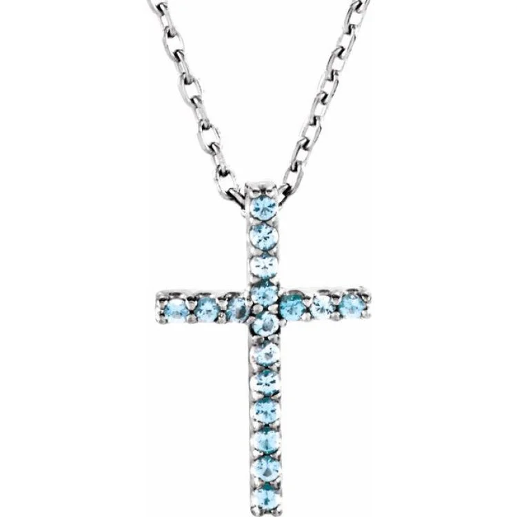 Women’s vintage pendant necklaces-14K White Natural Aquamarine Petite Cross 16" Necklace