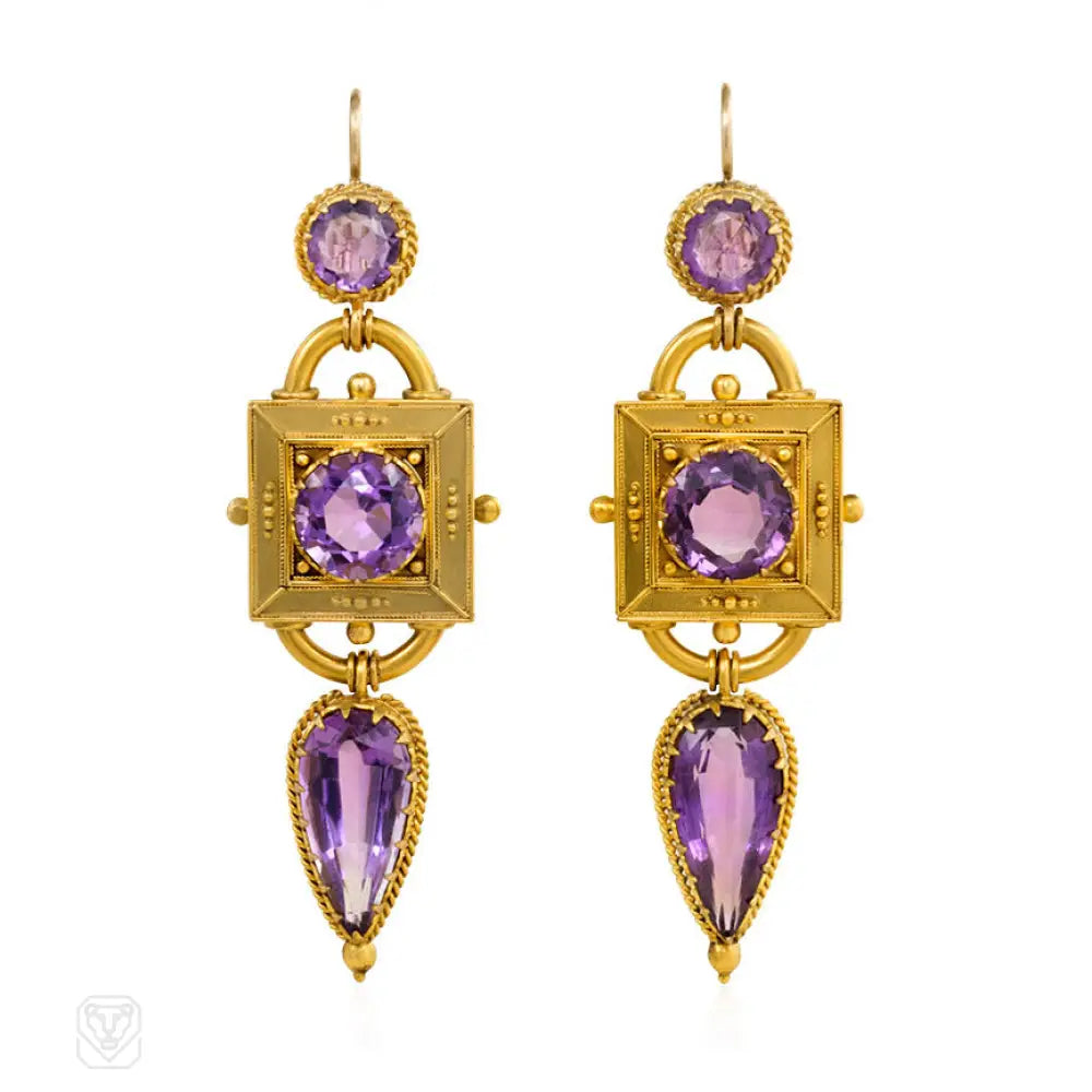 Women’s sparkling earrings-Antique Etruscan revival gold and amethyst earrings