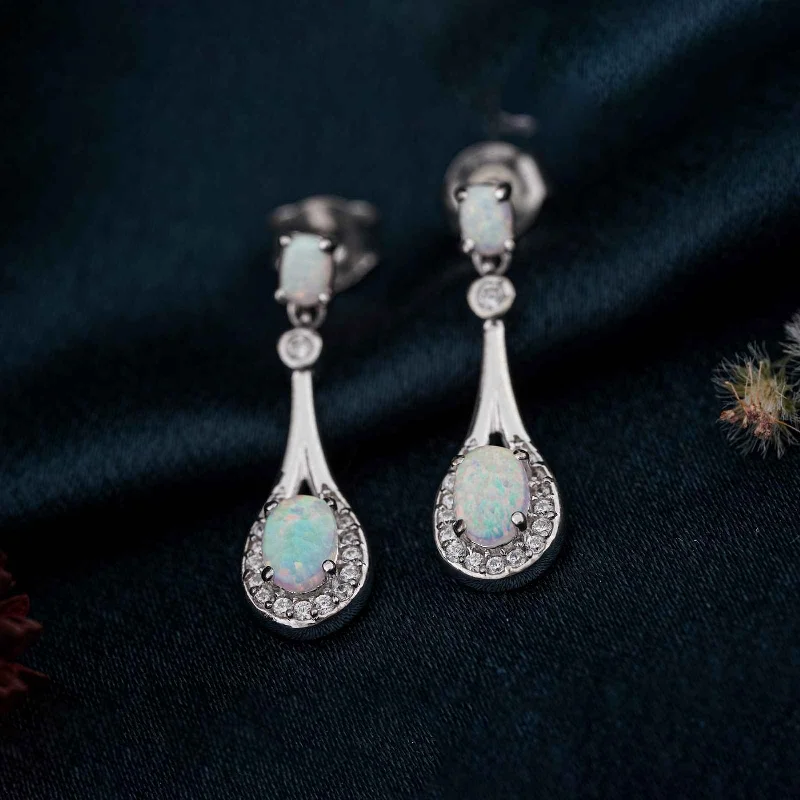 Women’s crystal earrings-Silver Teardrop Opal Earrings