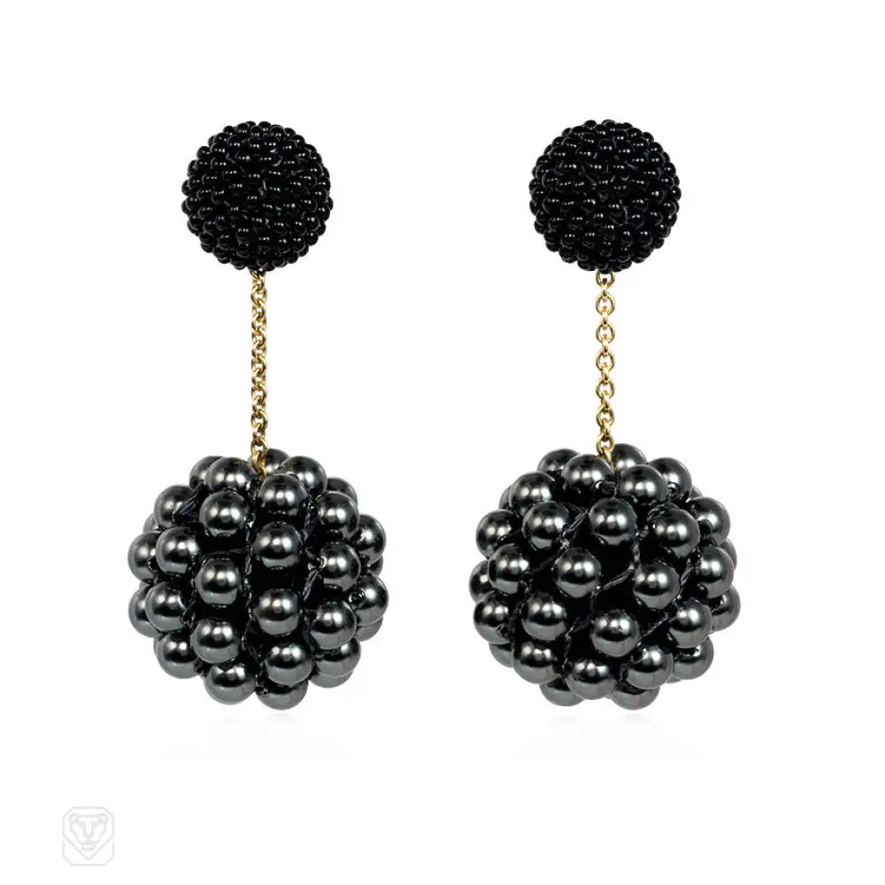 Women’s hoop and stud earrings-Hand beaded double ball earrings in black glass and crystal