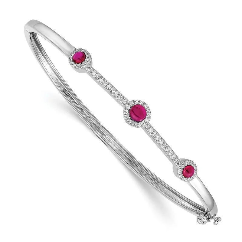 Women’s gold charm bracelets-14k White Gold Diamond and Cabochon Ruby Bangle