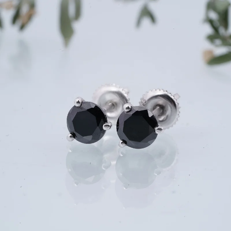 Women’s feather earrings-Silver Solitaire Black Diamond Stud Earrings