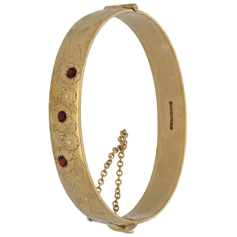 Women’s trendy gold bangles-9ct Gold Garnet Hinged/Clasp Bangle