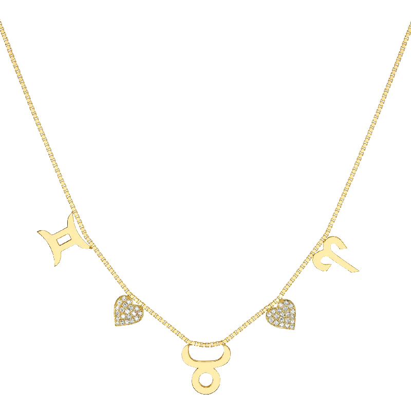 Women’s silver necklaces-Custom Zodiac Love Necklace - White Diamond / 14k Yellow Gold