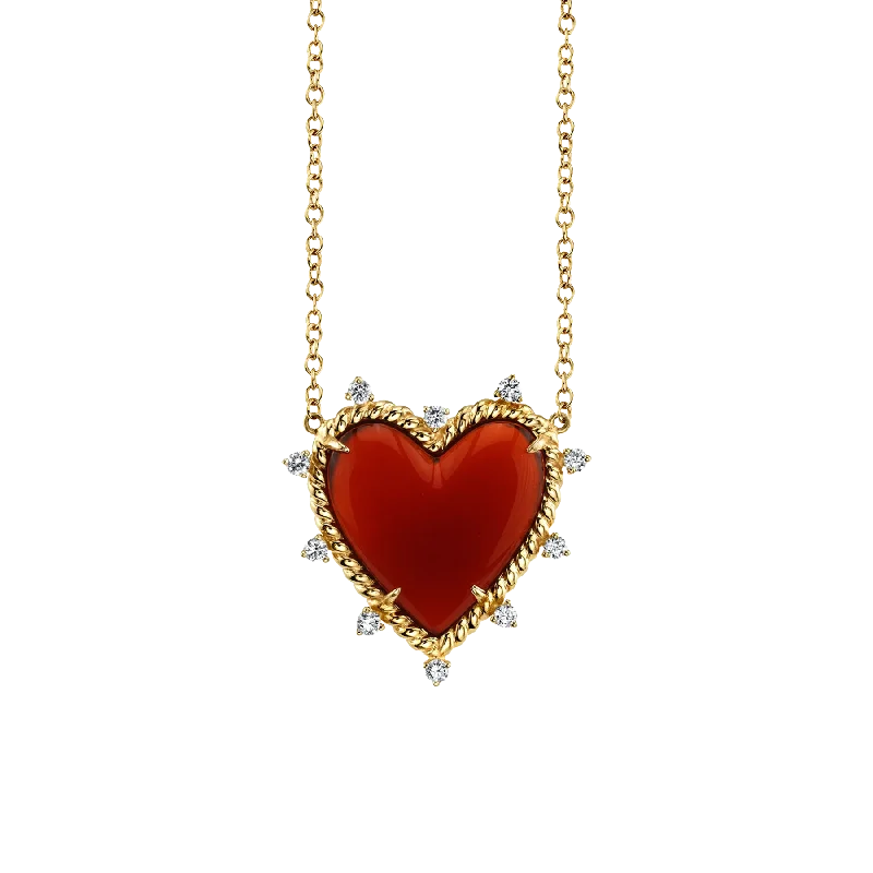 Women’s gemstone drop necklaces-Heart Twist Necklace - White Diamond and Carnelian / 14k Yellow Gold