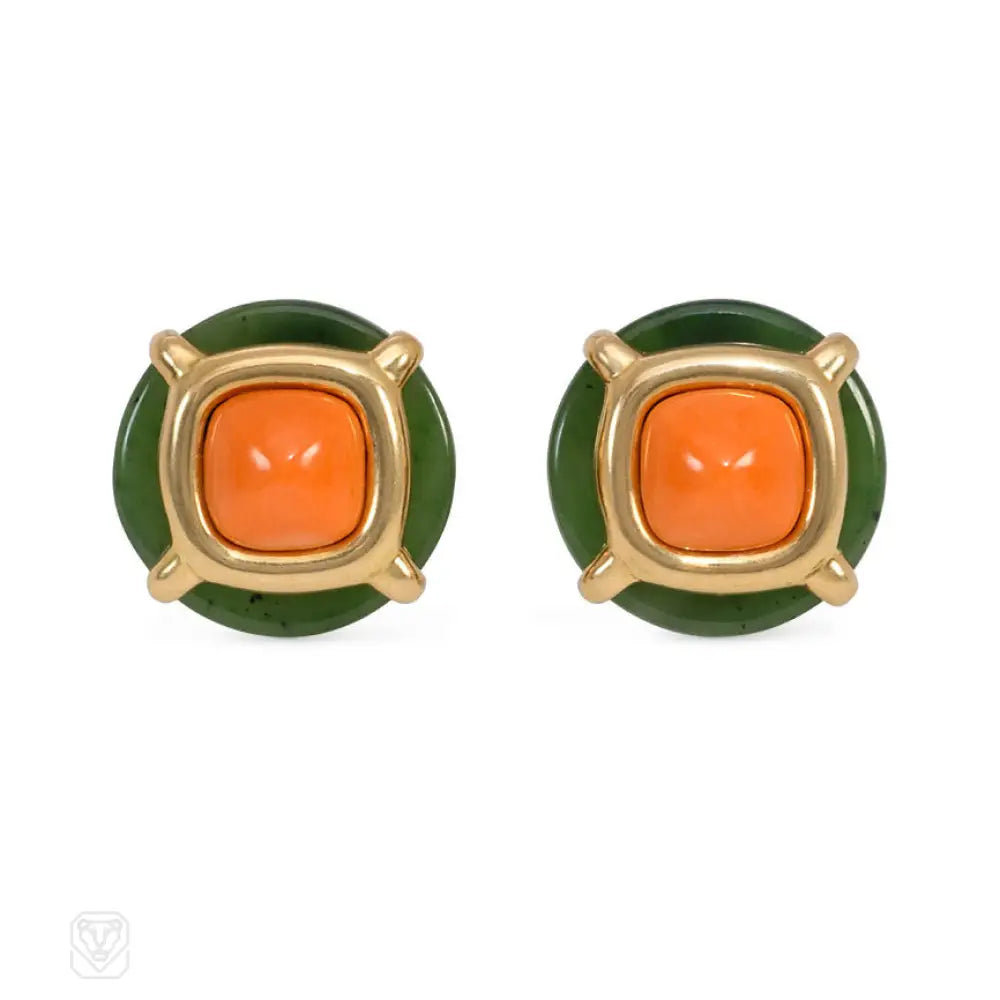 Women’s drop earrings-Aldo Cipullo for Cartier nephrite jade and coral earrings