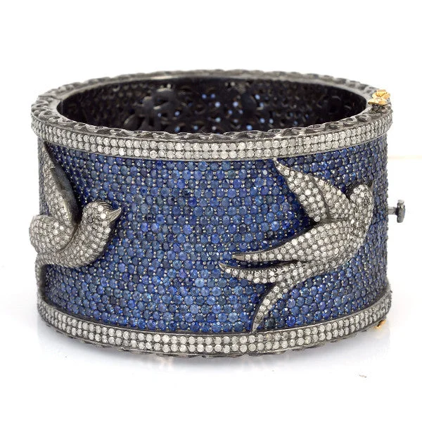 Women’s silver cuff bracelets-Sapphire & Diamond Songbiird Bangle