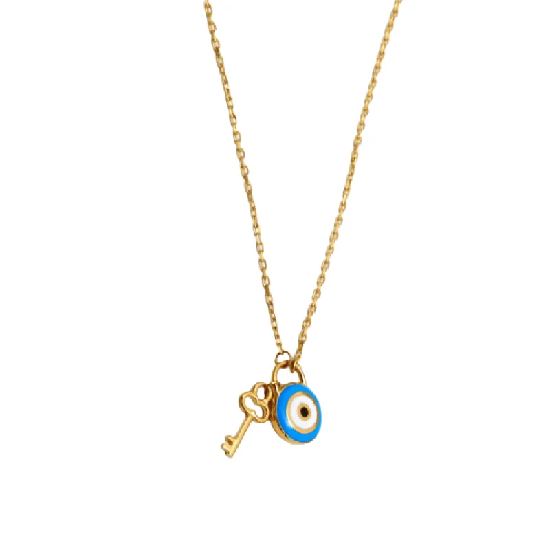 Women’s wedding pendant necklaces-Real Gold Necklace with Evil Eye and Key Dangler Charms - Model 9750 N1425