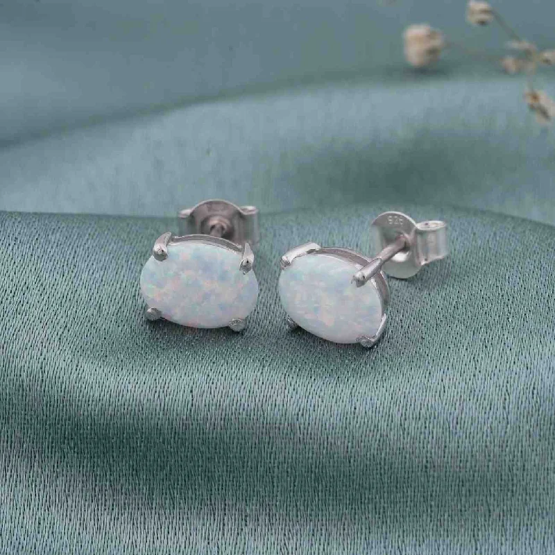 Women’s small hoop earrings-Silver Shiny Opal Stud Earrings