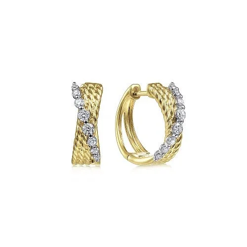 Women’s bridal earrings-14K Yellow-White Gold Twisted 15mm Diamond Huggie Earrings