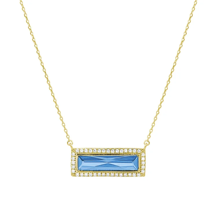 Women’s designer necklaces-Gold Finish Sterling Silver Necklace with Rectangular Simulated Blue Topaz Stone and Simulated Diamonds on 16" - 18" Chain