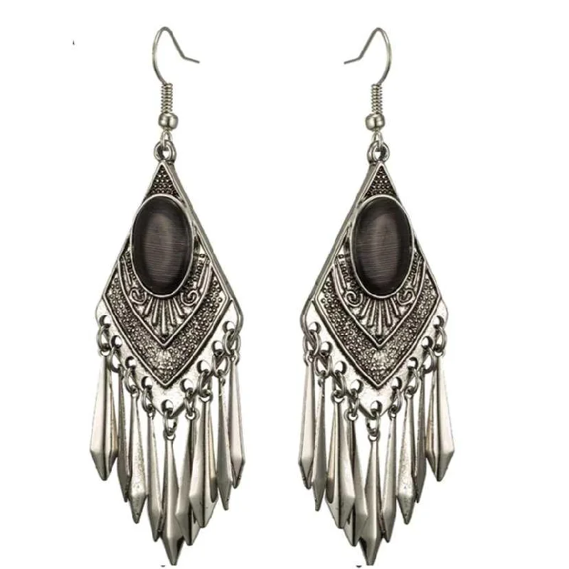 Women’s feather earrings-Black Cat's Eye Stone Boho Dangle Earrings