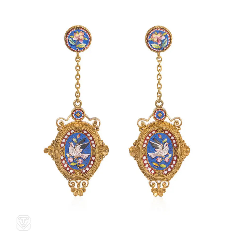 Women’s moonstone earrings-Antique gold and micromosaic earrings of floral and dove motifs