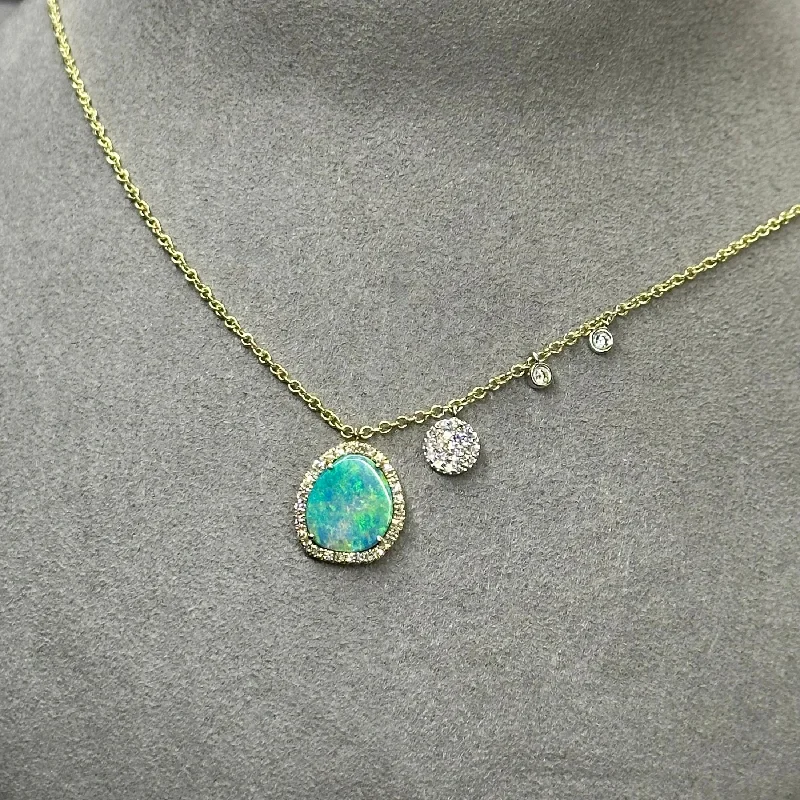 Women’s silver necklaces-Opal Halo Diamond Cluster With Diamond Bezels Necklace