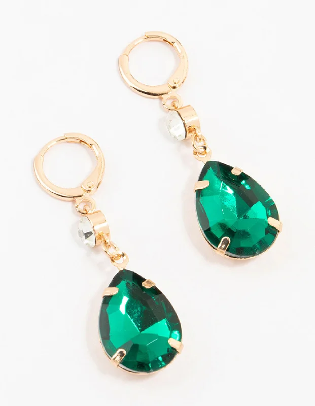 Women’s modern earrings-Gold Green Pear Diamante Drop Clicker Earrings