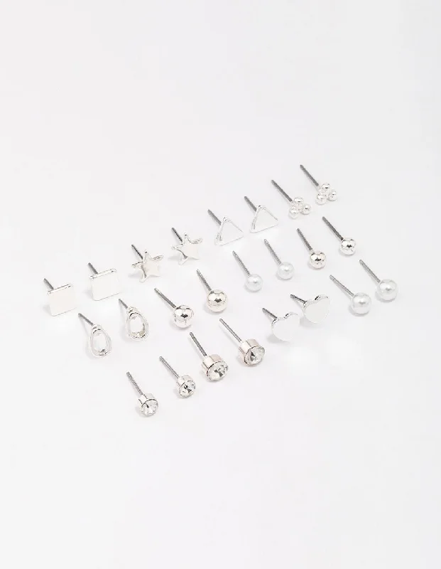 Women’s vintage earrings-Silver Mixed Stud Earring 12-Pack