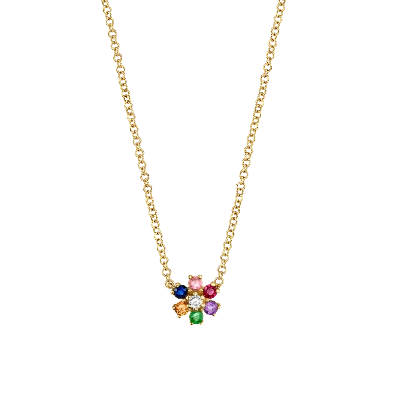 Women’s infinity pendant necklaces-Mini Flower Necklace - Rainbow / 14k Yellow Gold