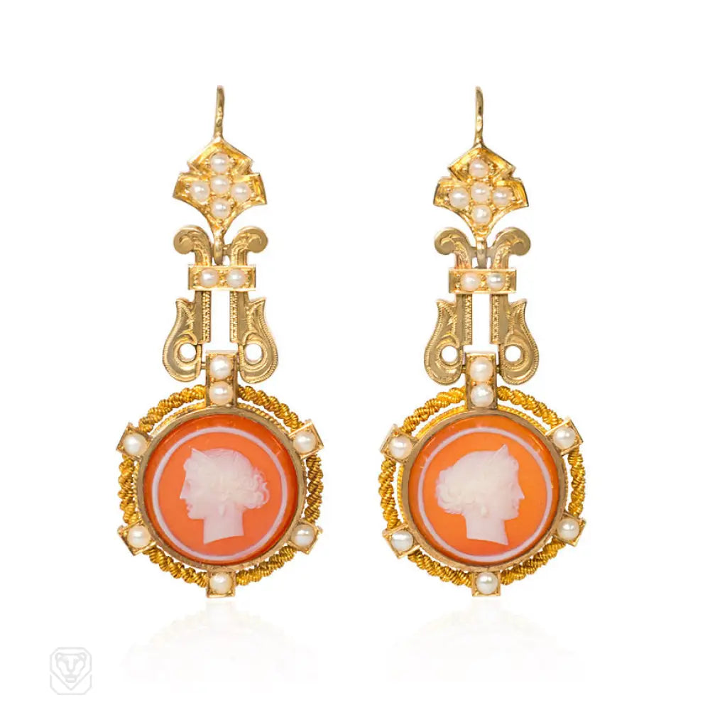 Women’s flower earrings-Antique gold cameo and pearl earrings, France