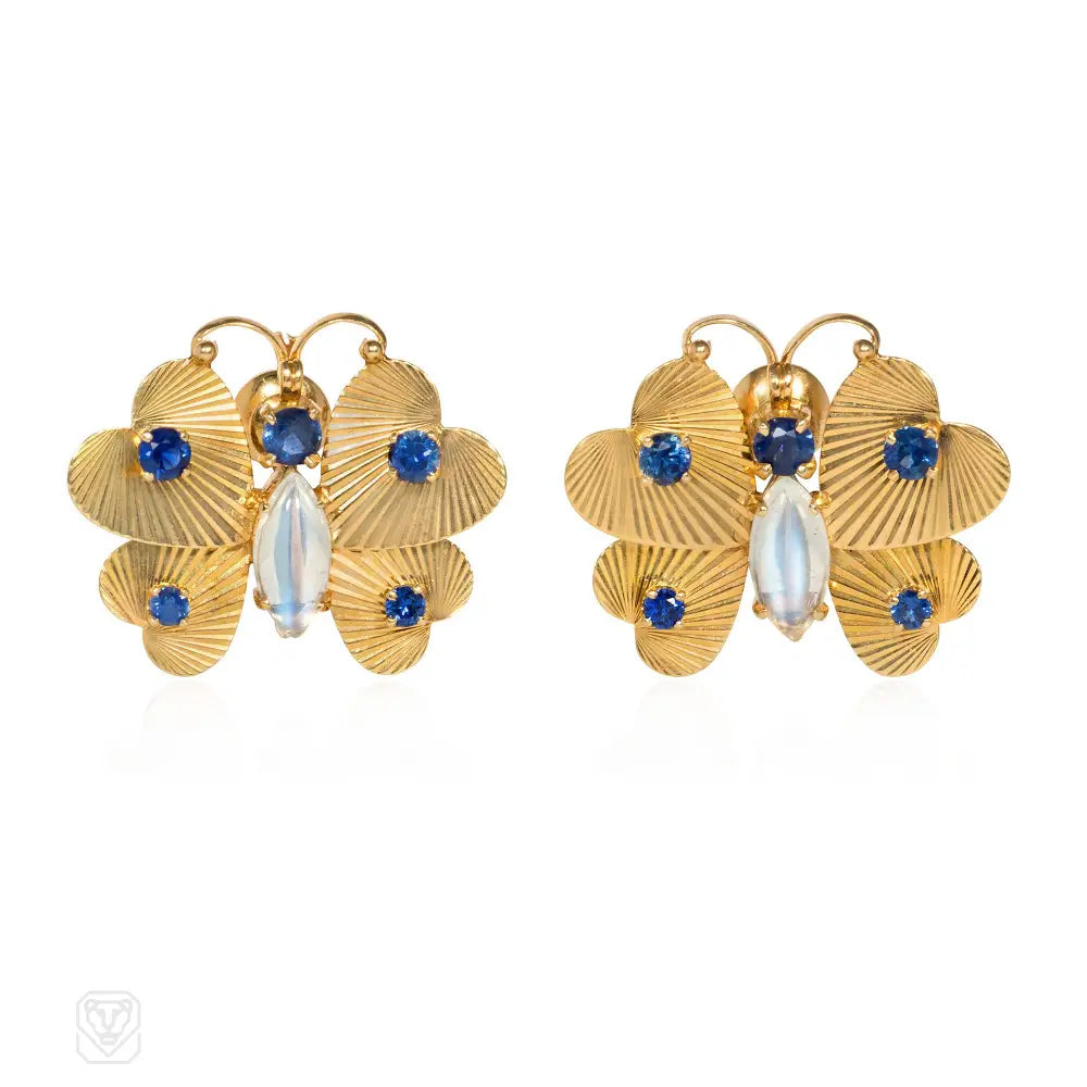 Women’s large hoop earrings-1940s moonstone, sapphire, and gold butterfly earrings