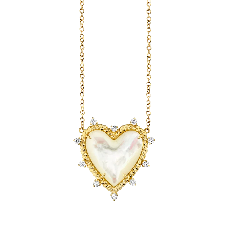 Women’s gold chain necklaces-Heart Twist Necklace - White Diamond and Mother of Pearl / 14k Yellow Gold