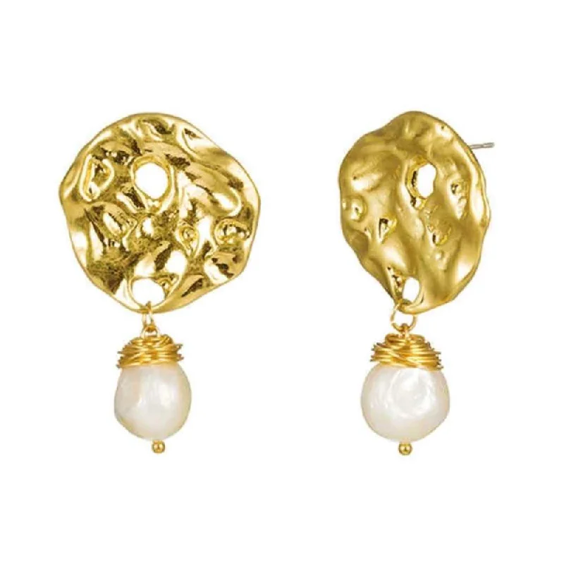 Women’s statement stud earrings-Baroque Pearl Drop Earrings with Hammered Earrings