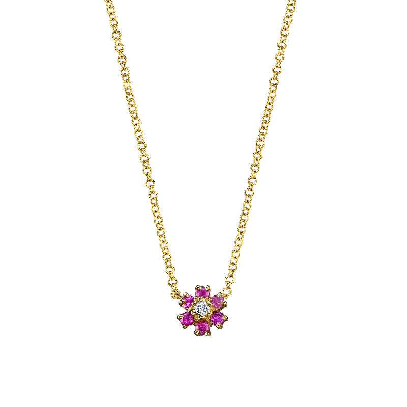 Women’s floral pendant necklaces-Mini Flower Necklace - Ruby / 14k Yellow Gold