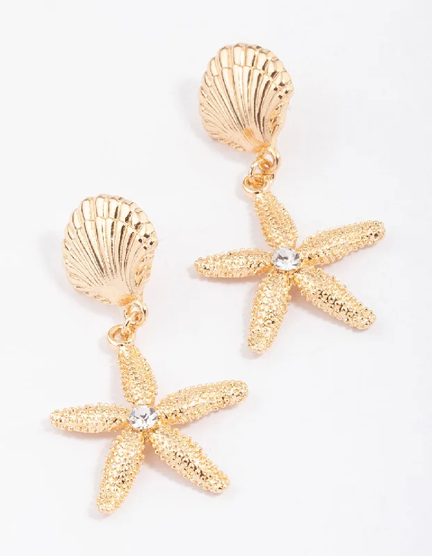 Women’s pearl stud earrings-Gold Textured Shell & Starfish Drop Earrings