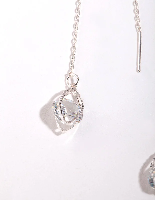 Women’s heart earrings-Silver Cubic Zirconia Chain Teardrop Earrings