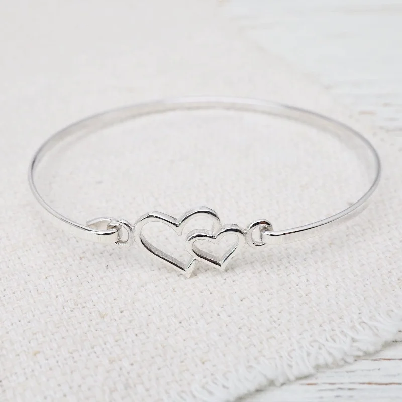 Women’s custom-made bracelets-Sterling Silver Double Heart Latching Bangle