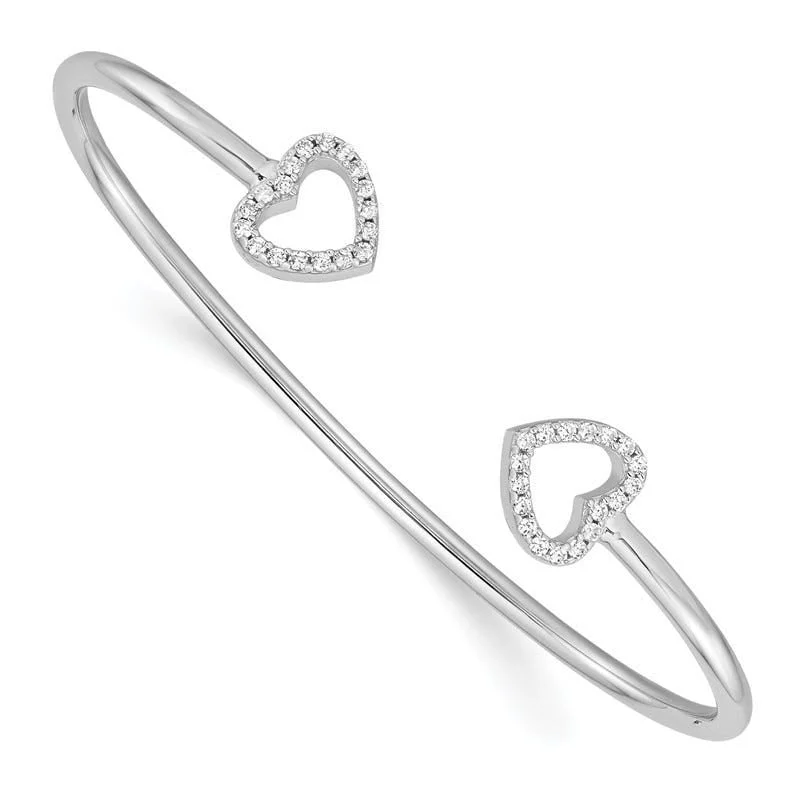 Women’s adjustable gold bracelets-Sterling Silver Rhodium-plated CZ Heart Cuff Bangle