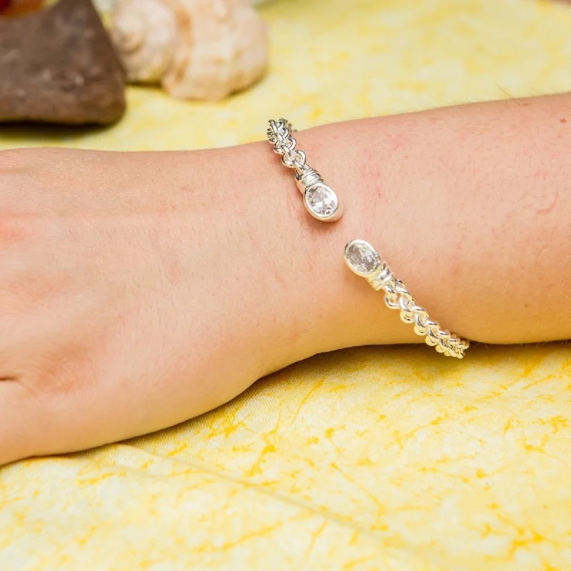 Women’s silver bracelets-Braided Flexible  Bangle with Lab Created White CZ April Birthstone