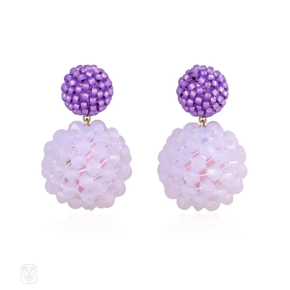 Women’s hoop and stud earrings-Two-toned violet hand beaded earrings