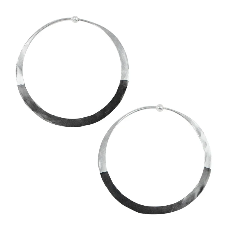 Women’s geometric earrings-Rhodium Dipped Hammered Hoops in Silver - 2"