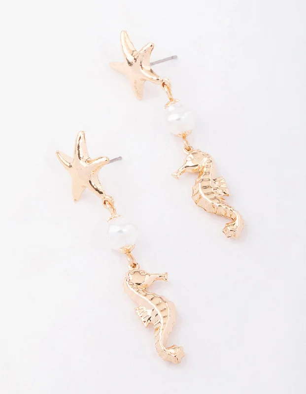 Women’s ethnic earrings-Gold Starfish Pearl Drop Earrings