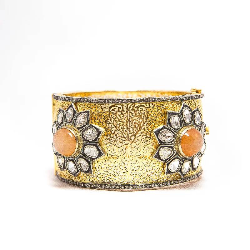 Women’s luxury bracelets-Apricot Moonstone and Gold Filigree and Diamond Bangle