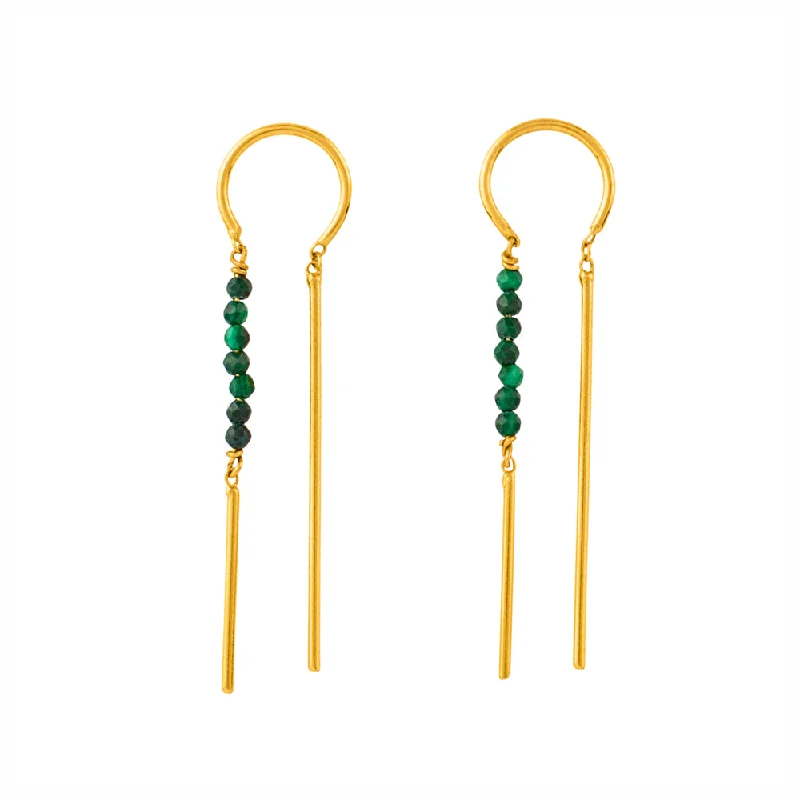 Women’s leaf drop earrings-Stony Tiny Dancer Threaders in Malachite & Gold - 1 1/2" L