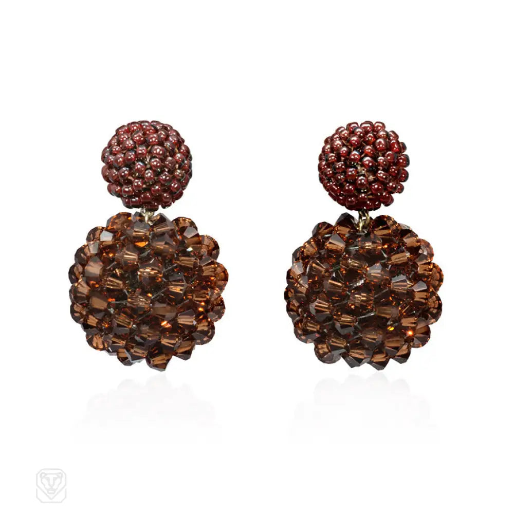 Women’s gold hoop earrings-Hand beaded double ball earrings in brown tones