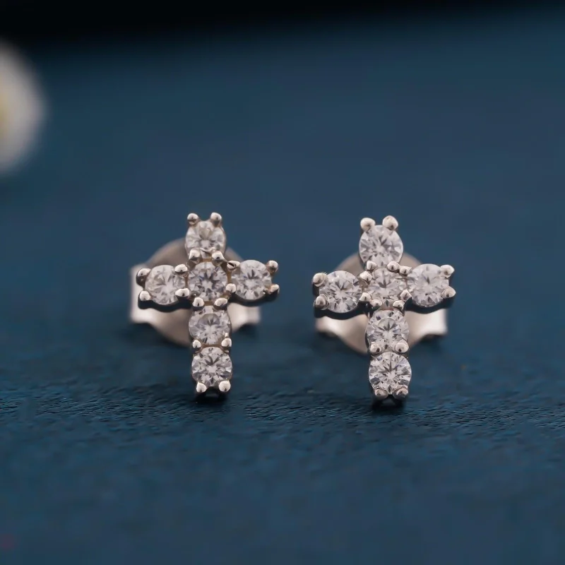 Women’s pearl earrings-Silver Cross Stud Earrings