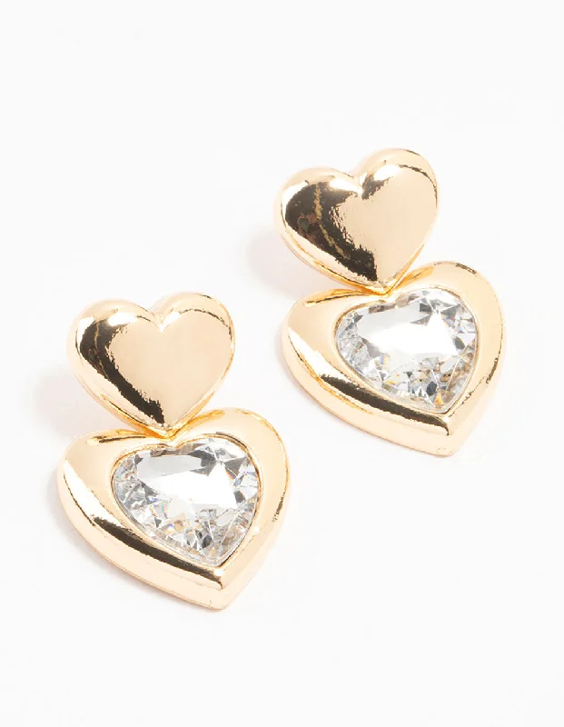 Women’s gold hoop earrings-Gold Diamante Puffy Heart Drop Earrings