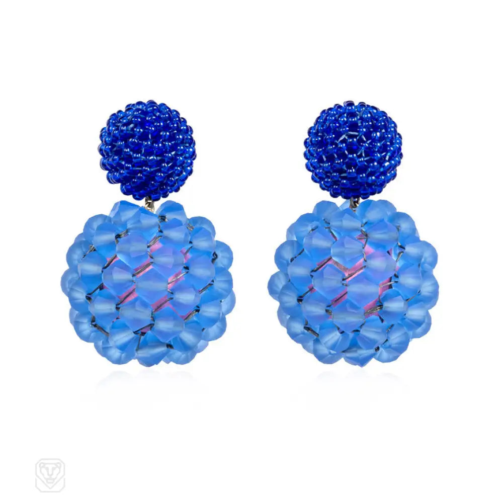 Women’s crystal earrings-Glass and crystal beaded ball earrings in blue tones