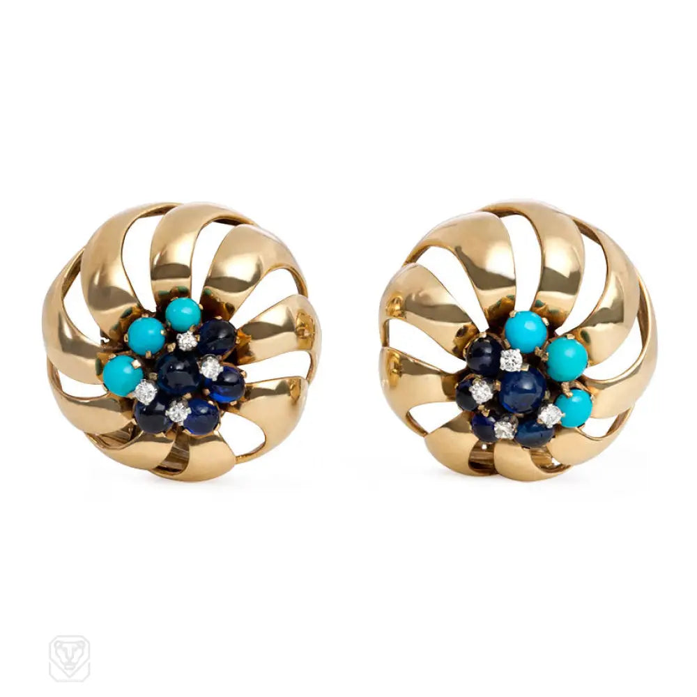 Women’s bar drop earrings-Retro gold, turquoise, sapphire, and diamond earrings