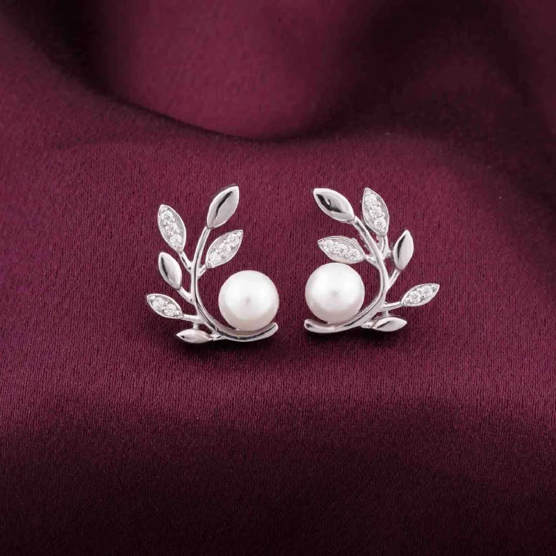 Women’s tribal earrings-Silver Pearl Leaf Stud Earrings