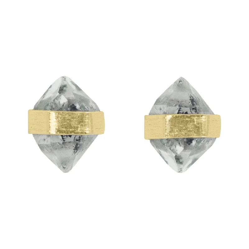 Women’s crystal earrings-Banded Herkimer Diamond Post Earrings in Gold