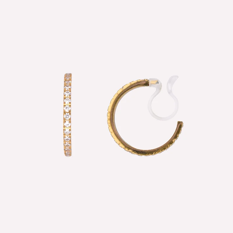 Women’s luxury drop earrings-PAVE CUBIC ZIRCONIA HOOP CLIP-ON EARRINGS IN GOLD