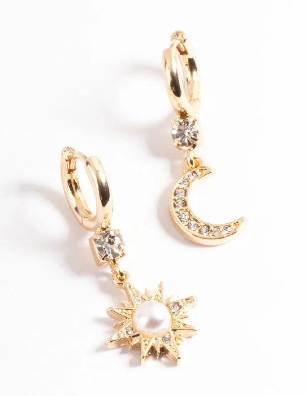 Women’s moon and star earrings-Gold Pearl Mix Match Celestial Earrings