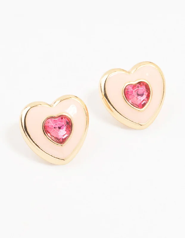 Women’s contemporary earrings-Gold & Pink Acrylic Heart Stud Earrings